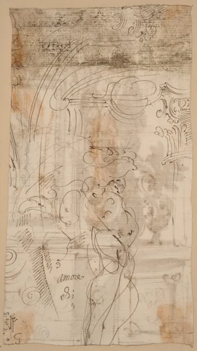 An Architectural Study with an Atlantid by Genoese, drawing, 1600-1699
