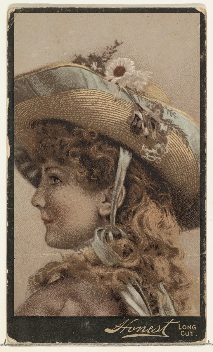 Actress in profile wearing wide brimmed straw hat decorated with flowers, from Stars of the Stage, Third Series (N131) issued by Duke Sons & Co. to promote Honest Long Cut Tobacco by W. Duke, Sons & Co., print, 1891-1892