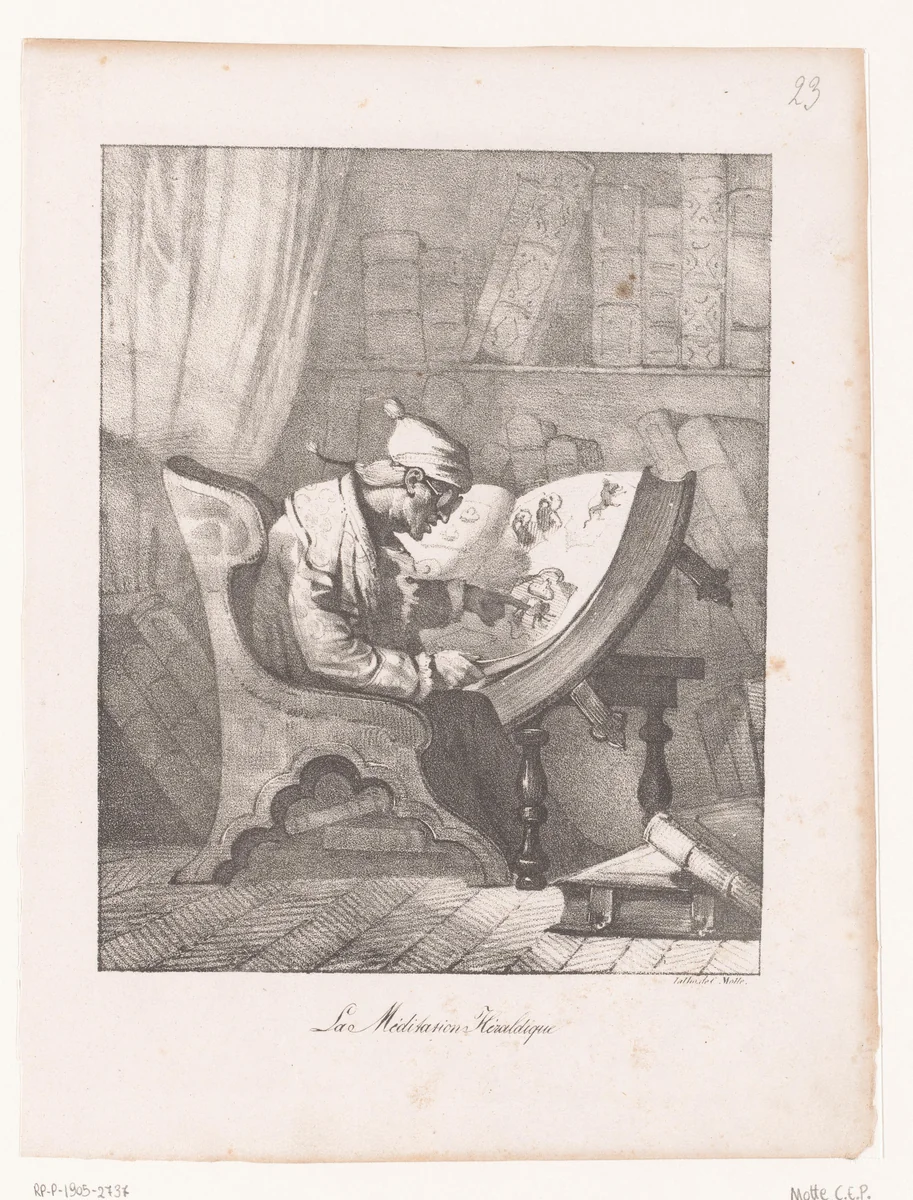 Man bestudeert wapenschilden by anonymous, print, 1817-1837