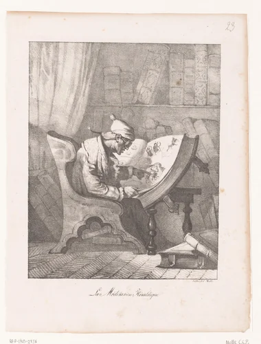 Man bestudeert wapenschilden by anonymous, print, 1817-1837