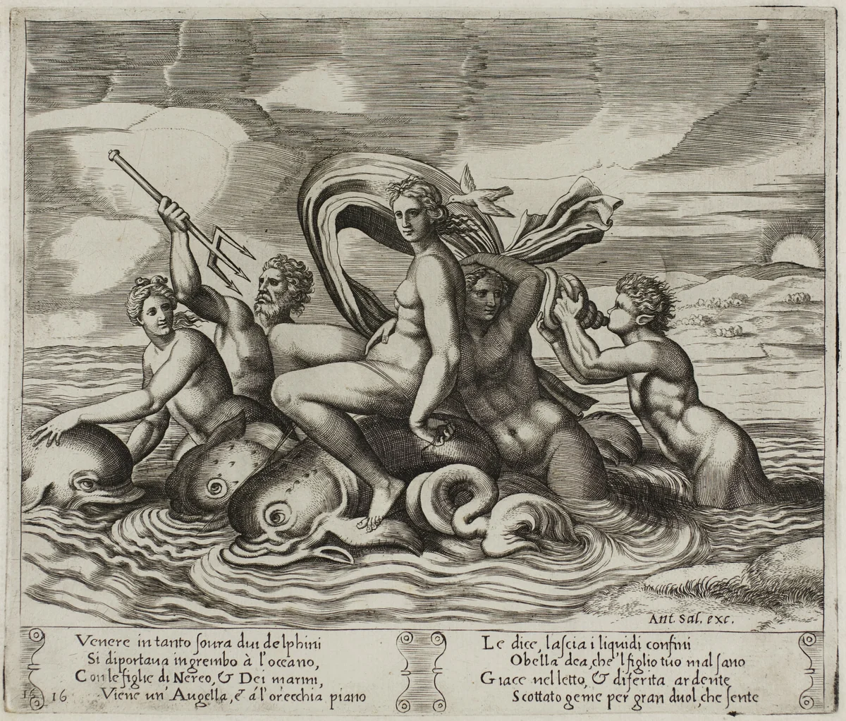 Psyche Served in Her Bath by Nymphs She Cannot See by Agostino dei Musi, print, 1530-1540