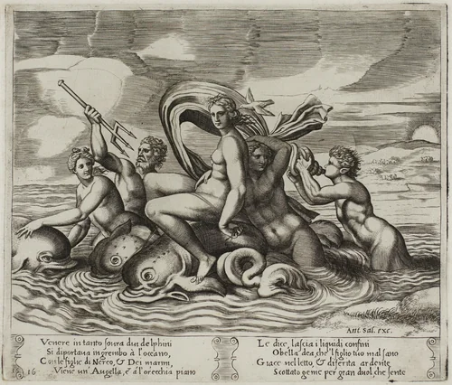 Psyche Served in Her Bath by Nymphs She Cannot See by Agostino dei Musi, print, 1530-1540