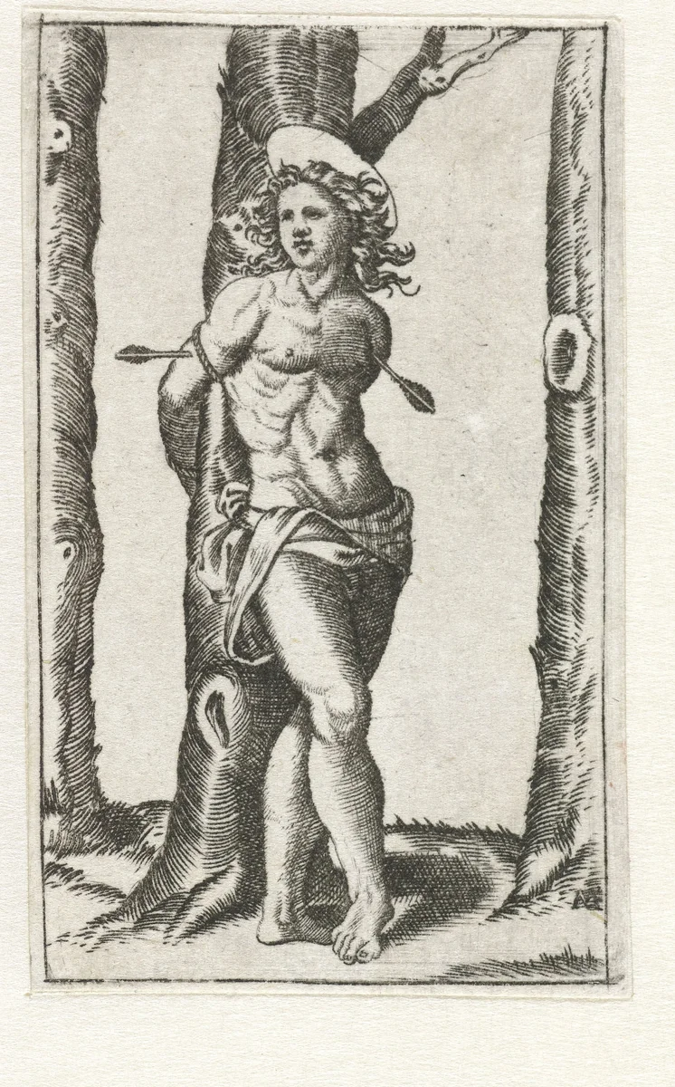 Heilige Sebastiaan vastgebonden aan boom met pijlen in lichaam by anonymous, print, 1500-1575