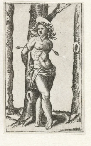Heilige Sebastiaan vastgebonden aan boom met pijlen in lichaam by anonymous, print, 1500-1575