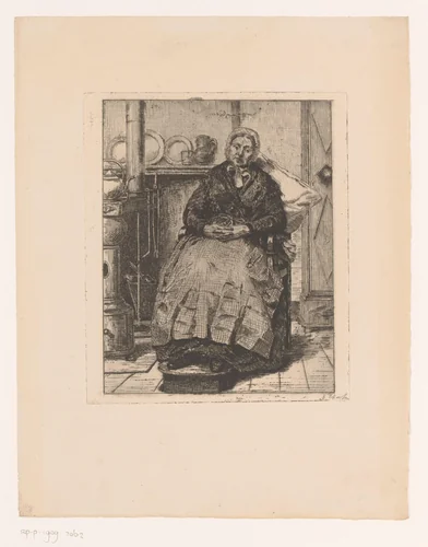 Oude dame zit comfortabel naast de kachel in de keuken by Lionel Baes, print, 1849-1909