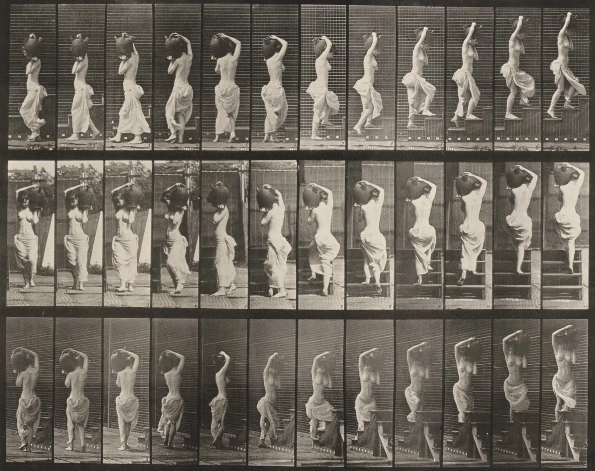 Plate Number 105. Turning and ascending stairs, a water jar on left shoulder by Eadweard Muybridge, photograph, 1887