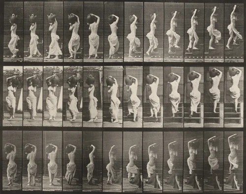 Plate Number 105. Turning and ascending stairs, a water jar on left shoulder by Eadweard Muybridge, photograph, 1887