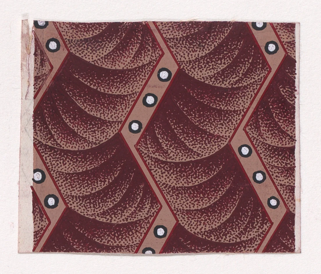 Textile Design with Vertical Strips of Zig-Zagging Ribbons Decorated with Pearls over a Background of Overlapping Scales by anonymous, drawing, 1840