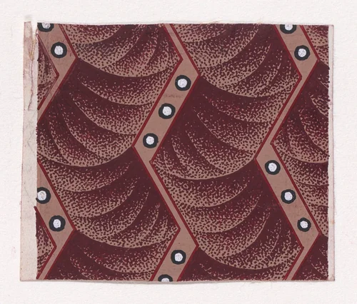 Textile Design with Vertical Strips of Zig-Zagging Ribbons Decorated with Pearls over a Background of Overlapping Scales by anonymous, drawing, 1840