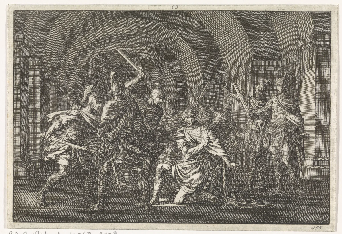 Keizer Caligula in een gewelf door een gewapende bende overvallen en vermoord by Jan Luyken, print, 1704