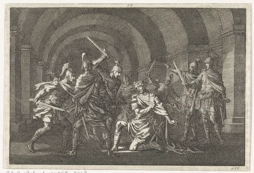 Keizer Caligula in een gewelf door een gewapende bende overvallen en vermoord by Jan Luyken, print, 1704