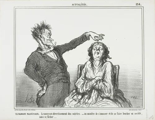 The Diamond Hypnotist. A new pastime at evening parties - or how to have fun and get someone to squint, without getting into trouble, plate 134 from Actualités by Honoré-Victorin Daumier, print, 1859