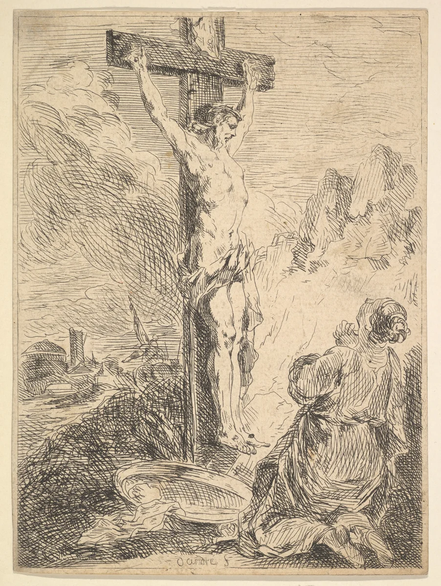 Mary Magdalene Praying at the Foot of the Cross by Michel François Dandré-Bardon, print, 1720-1783