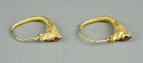 Pair of Earrings with Ibex Head Finials by Greek, metalwork, -300--201