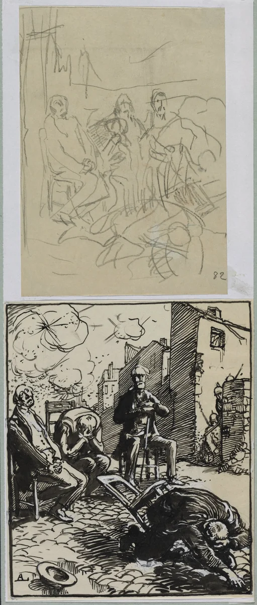 Trois otages assis by Auguste Louis Lepère, drawing, 1914