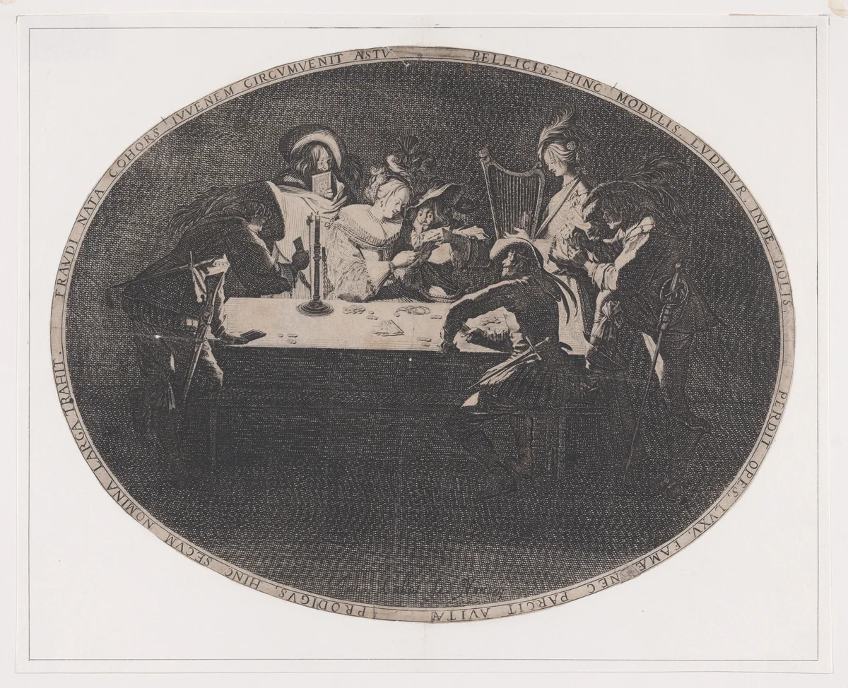 Le Brelan, pièce appelée aussi Les Joueurs de Cartes et L'Enfant Produgue Trompé par une Troupe de Filous (Three of a Kind, also called The Card Players and The Prodigal Son Tricked by a Group of Thieves) by Jacques Callot, print, 1628-1629