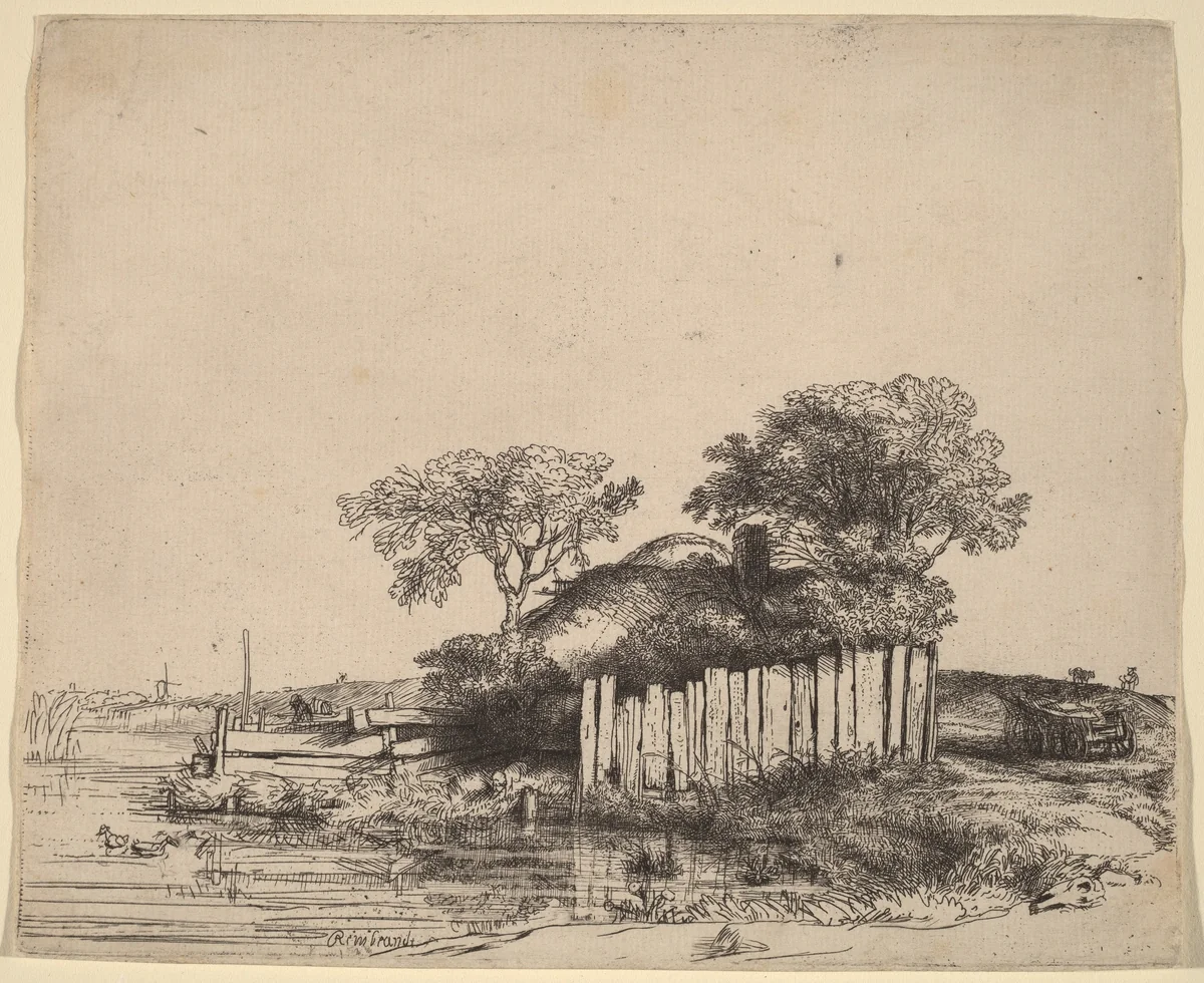 Cottage with a White Paling by Rembrandt van Rijn, print, 1648