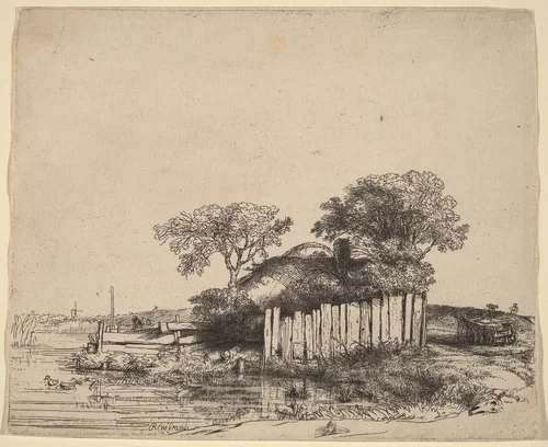 Cottage with a White Paling by Rembrandt van Rijn, print, 1648
