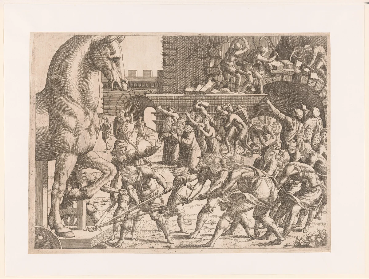 Binnenhalen van het paard van Troje by Unknown, print, 1543-1545