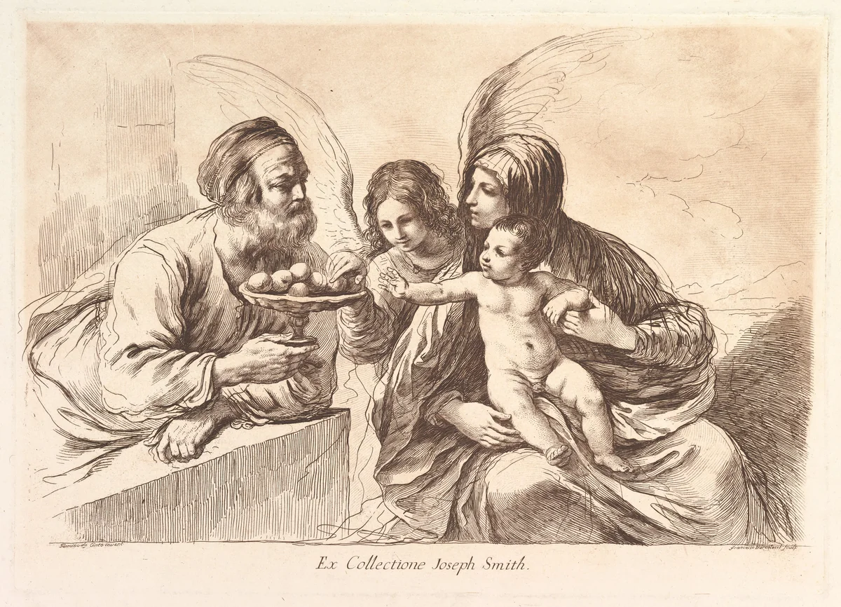 Holy Family with an Angel Who Offers Fruit to the Christ Child: Raccolta di alcuni disegni del Barbieri da Cento detto il Guernico by Francesco Bartolozzi, print, 1764