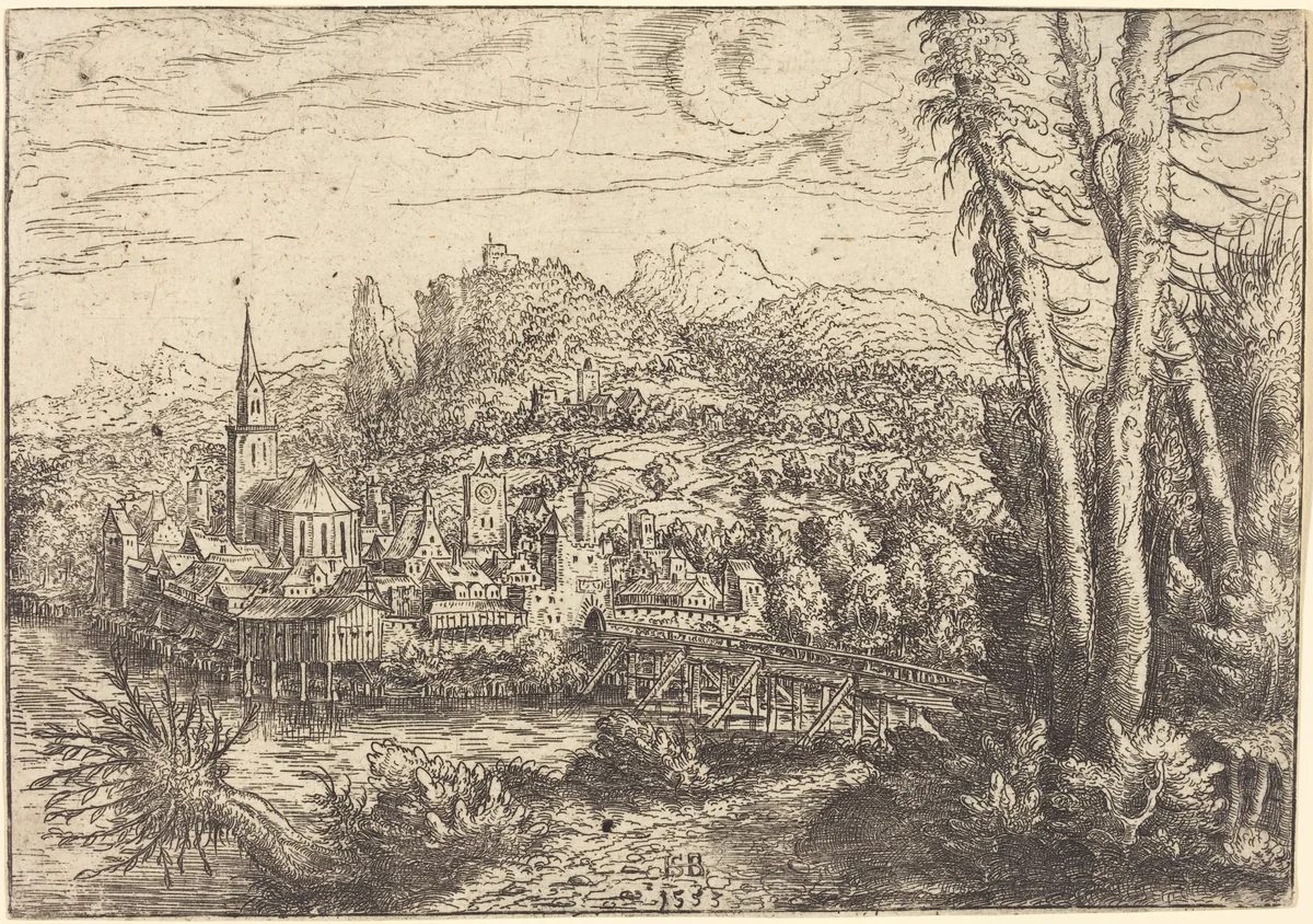 View of a City near a River by Hanns Lautensack, print, 1553