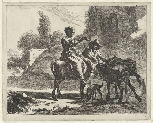 Herders en ezels bij een drinkbak by Jan de Visscher, print, 1650-1701