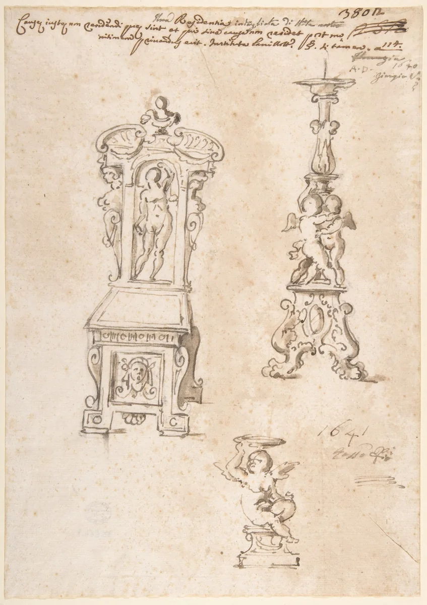 Design for a Chair, Candlestick and Putto Holding Basin by anonymous, drawing, 1640-1641