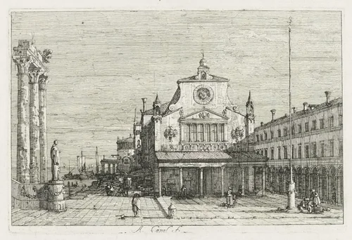 Views: Three Columns and a Statue on the Sea Coast by Antonio Canaletto, print, 1735-1746