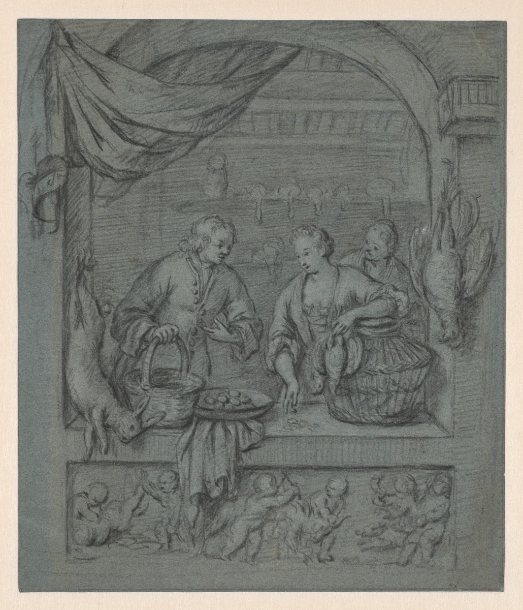 The Bird Seller by Willem van Mieris, drawing, 1695-1715