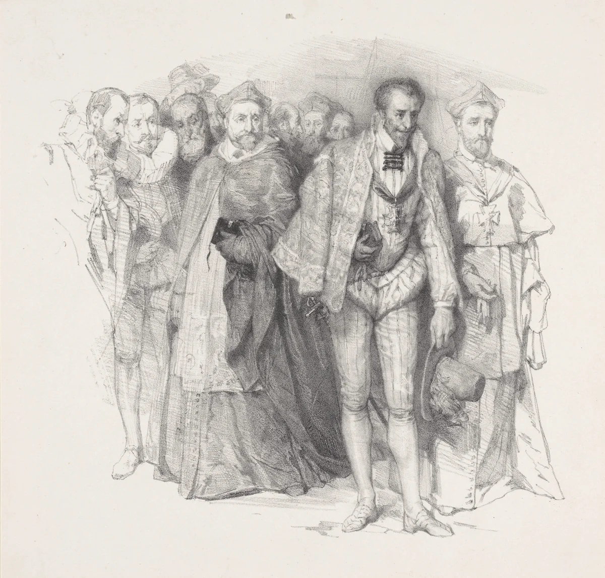 Edelman met hoge geestelijken en hovelingen by August Allebé, print, 1855-1927