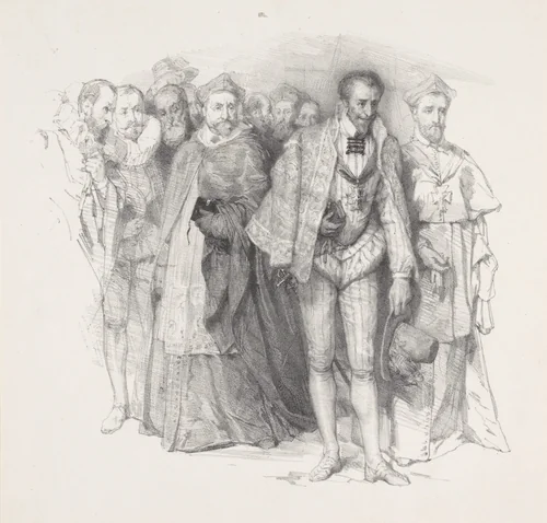 Edelman met hoge geestelijken en hovelingen by August Allebé, print, 1855-1927