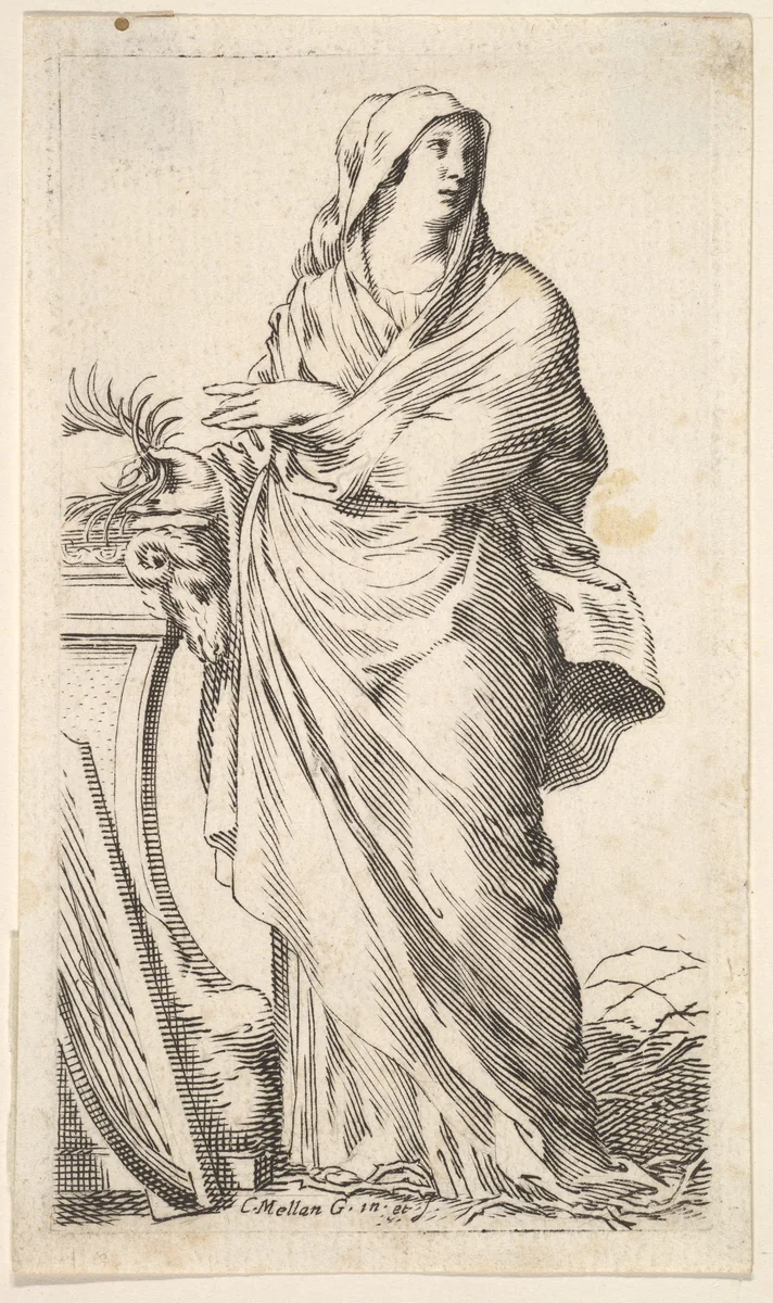Robed woman standing next to a plinth, her right hand bears a palm branch, a harp rests against the plinth by Claude Mellan, print, 1620-1688