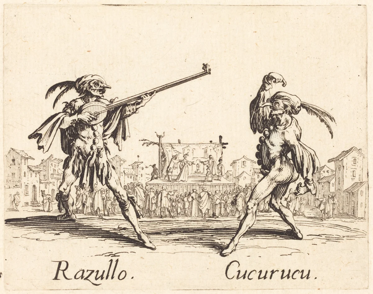 Razullo and Cucurucu by Jacques Callot, print, 1622