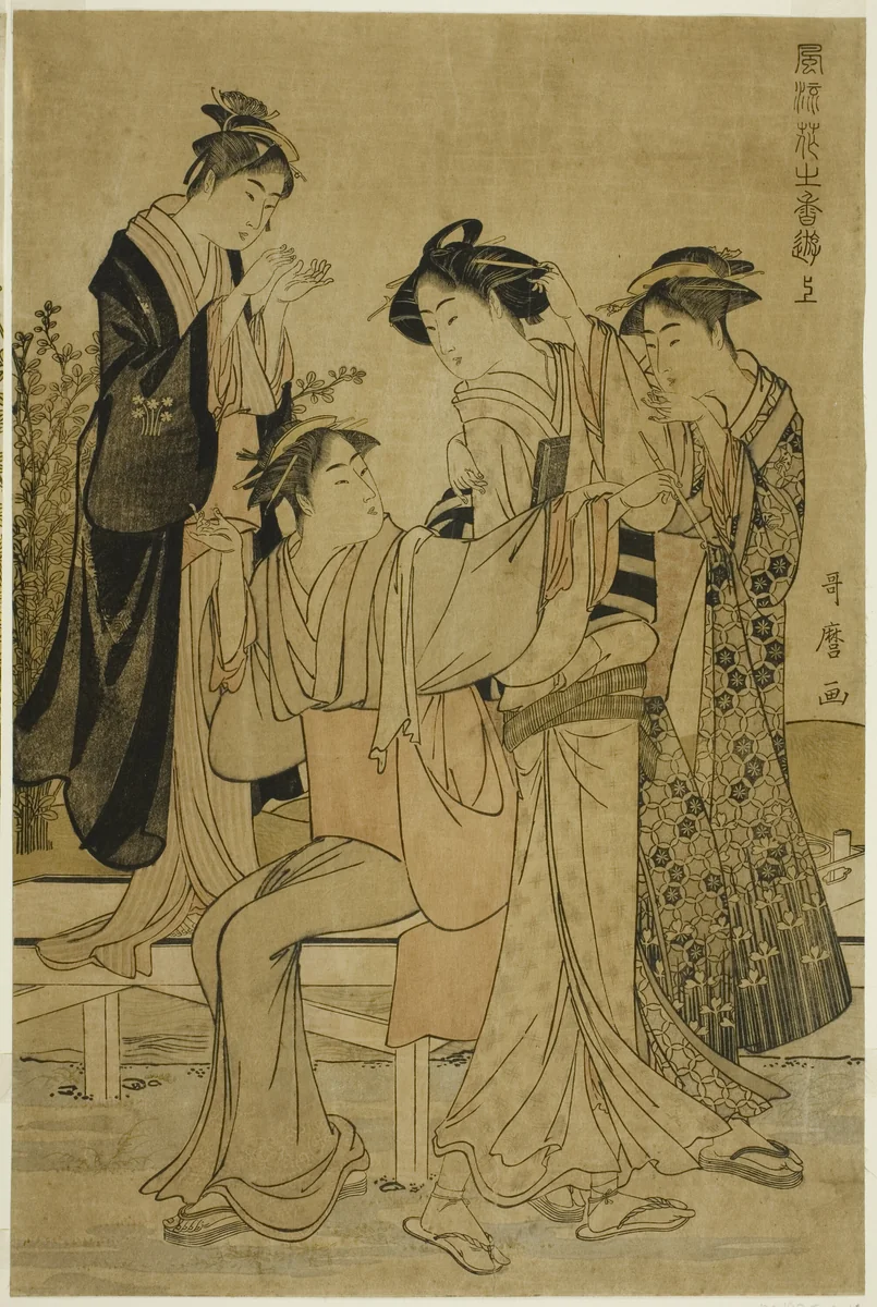 Elegant Pleasures: The Scent of Flowers, right (Furyu hana no ka asobi, jo) by Kitagawa Utamaro (喜多川歌麿), print, 1778-1788