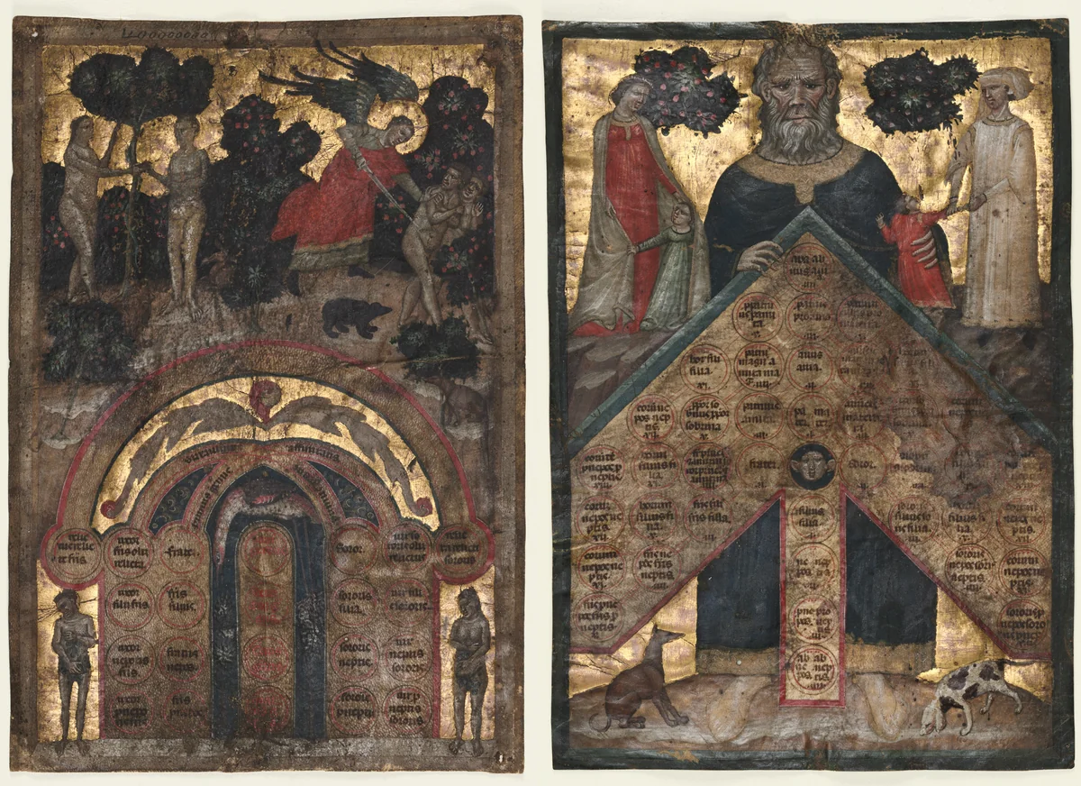 Leaves from a Volume of Johannes Andrea's "Lectura super arboris consanguinitatis et affinitatis: Table of Affinity and Table of Consanguinity" by Master of the Register, manuscript, 1326-1336