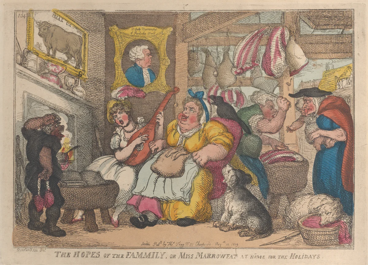 The Hopes of the Family, or Miss Marrowfat at Home for the Holidays by Thomas Rowlandson, print, 1809