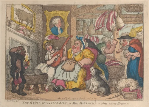 The Hopes of the Family, or Miss Marrowfat at Home for the Holidays by Thomas Rowlandson, print, 1809