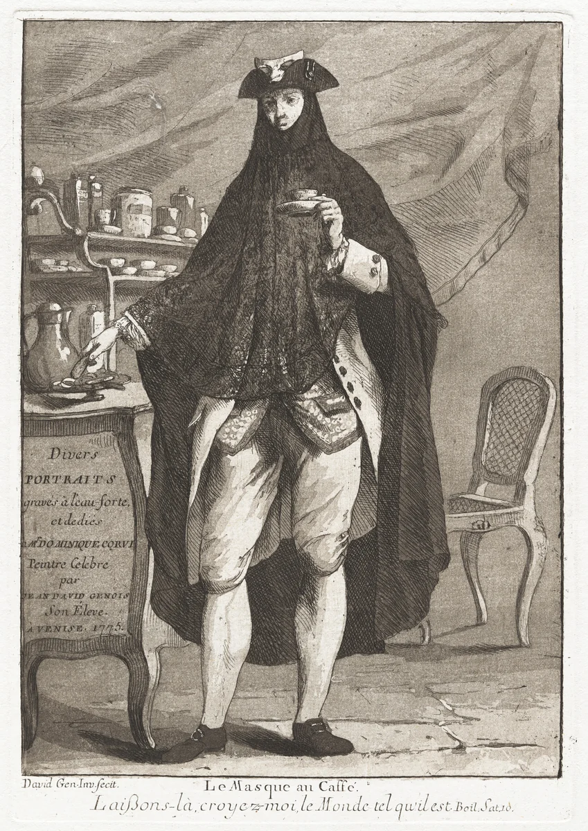 Le Masque au caffé (The Masked Man Taking Coffee) by Giovanni David, print, 1775