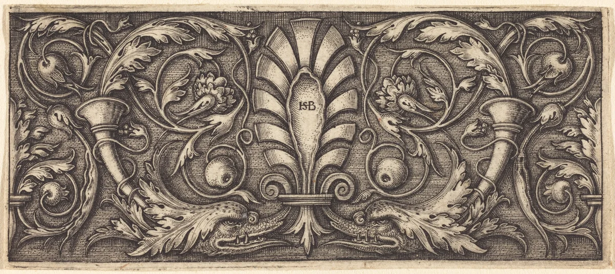 Ornament with Palmette and Two Dophin Heads by Sebald Beham, print, 1540-1545