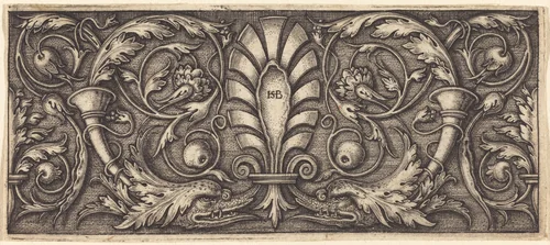 Ornament with Palmette and Two Dophin Heads by Sebald Beham, print, 1540-1545