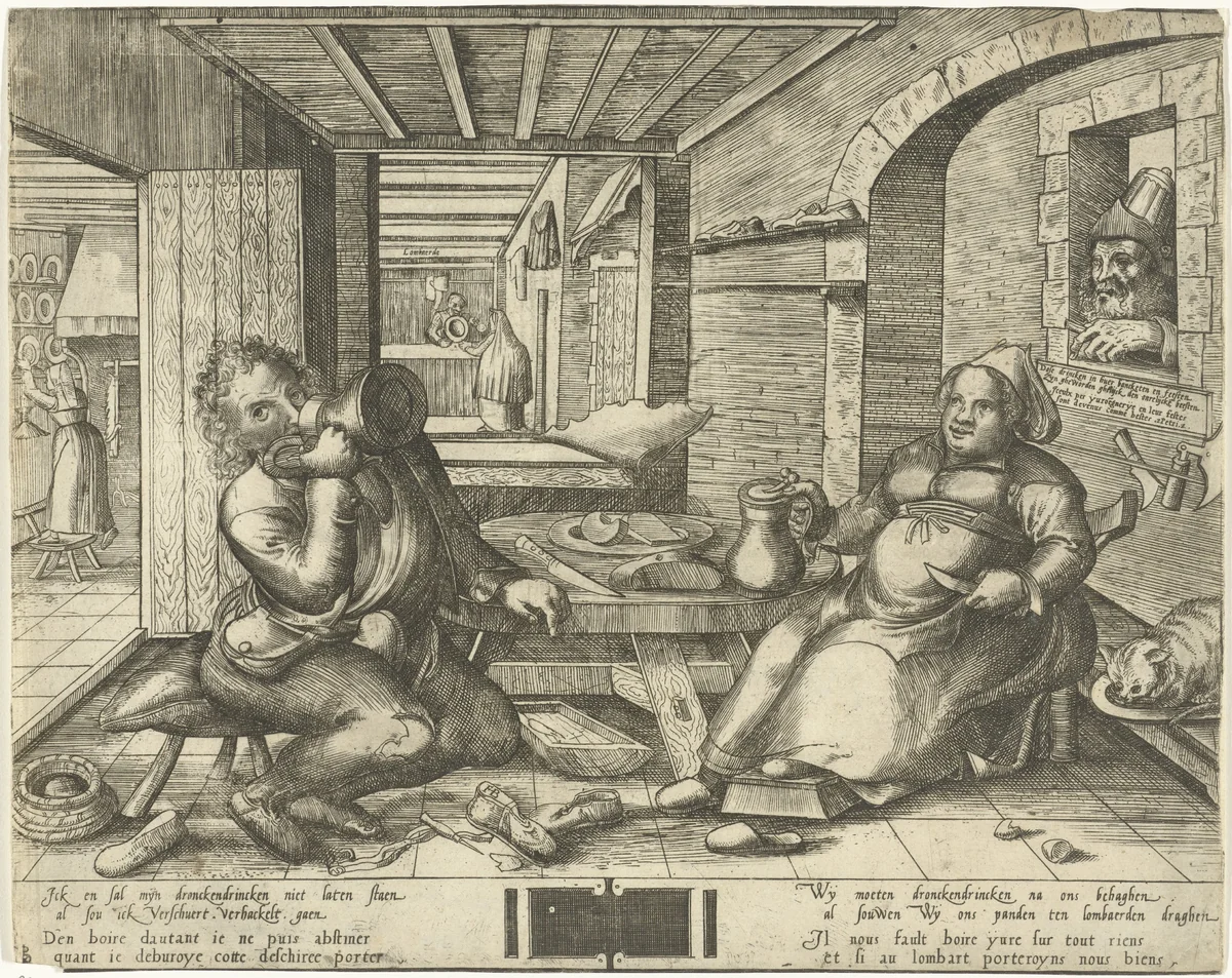 Schoenmaker en zijn vrouw, bier drinkend in een vertrek by Unknown, print, 1540-1590