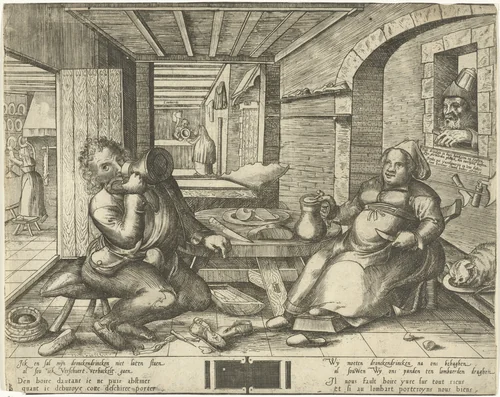 Schoenmaker en zijn vrouw, bier drinkend in een vertrek by Unknown, print, 1540-1590