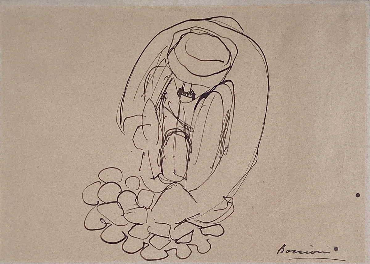 Study for "The Street Pavers": Man Laying Paving Stones by Umberto Boccioni, drawing, 1914