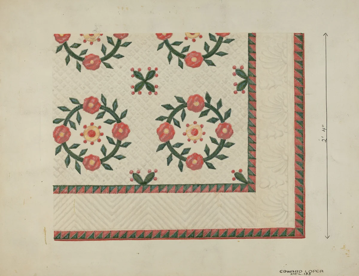 Quilted Applique Coverlet by Edward L. Loper, index of american design, 1936