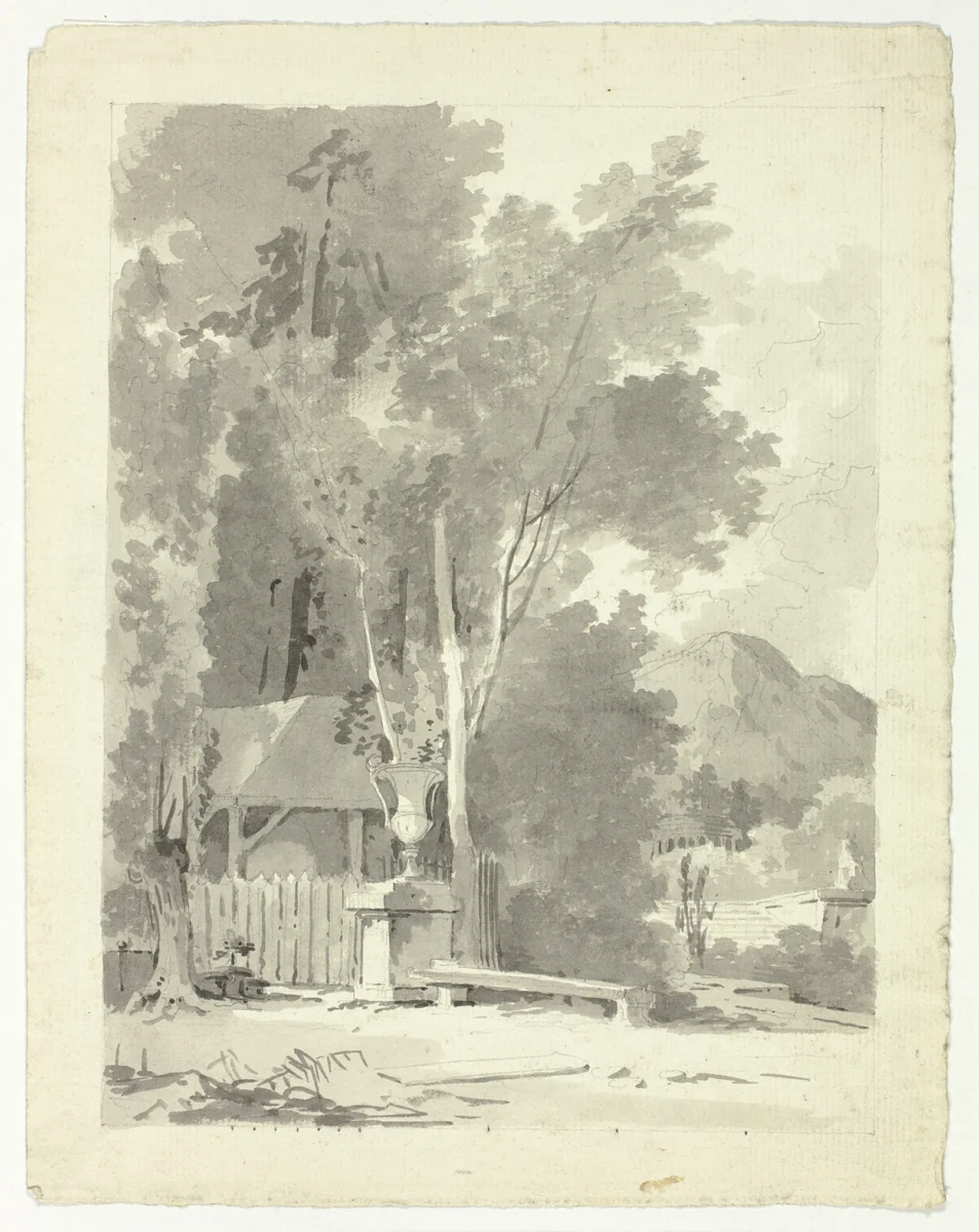 Classical Urn in Front of a Shed, with Temple and Mountain in Background by Pierre Antoine Mongin, drawing, 1781-1827