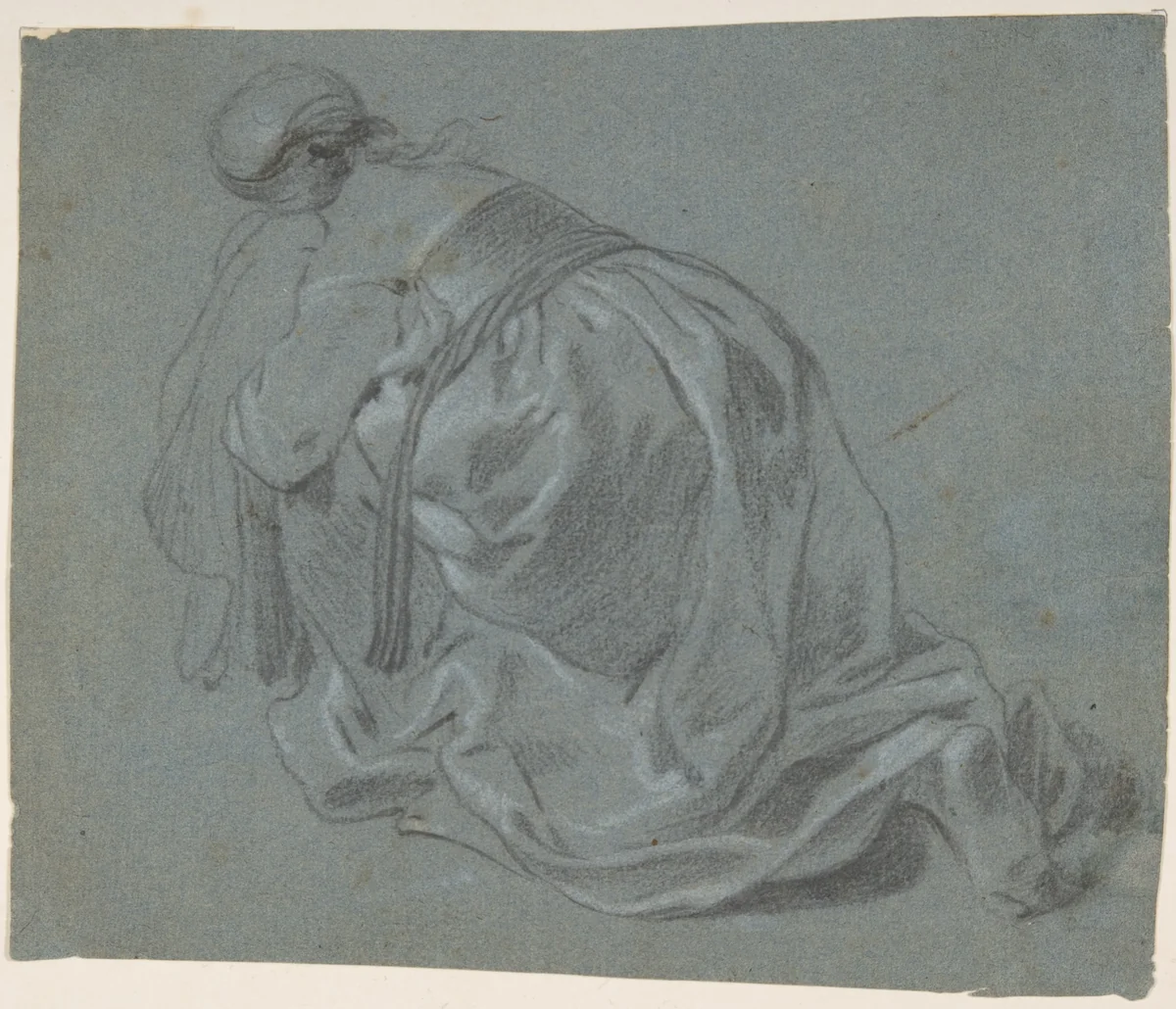 Weeping Woman Kneeling, Seen from Behind by Jacob Backer, drawing, 1630-1640