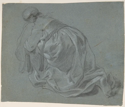 Weeping Woman Kneeling, Seen from Behind by Jacob Backer, drawing, 1630-1640