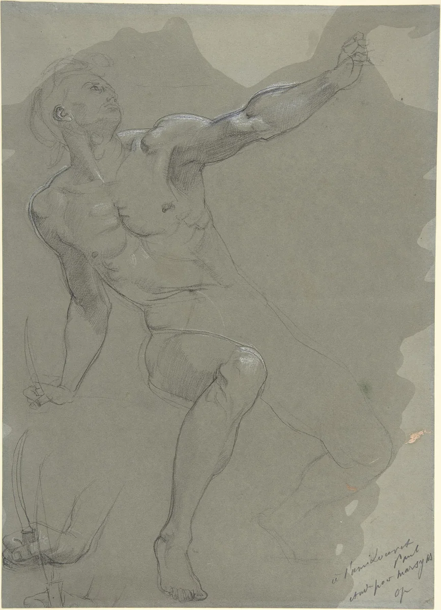 Seated Male Nude (recto); Crouching Male Nude (verso) by Paul Baudry, drawing, 1864-1874