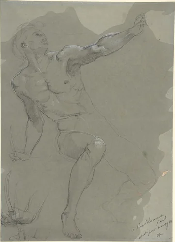 Seated Male Nude (recto); Crouching Male Nude (verso) by Paul Baudry, drawing, 1864-1874