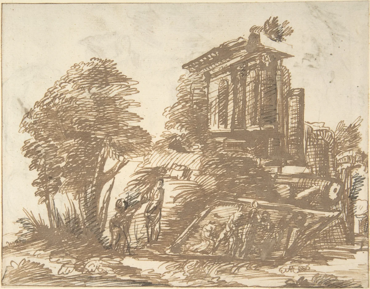 Figures in a Landscape with Classical Ruins (recto); Six Figure Studies (verso) by anonymous, drawing, 1600-1700